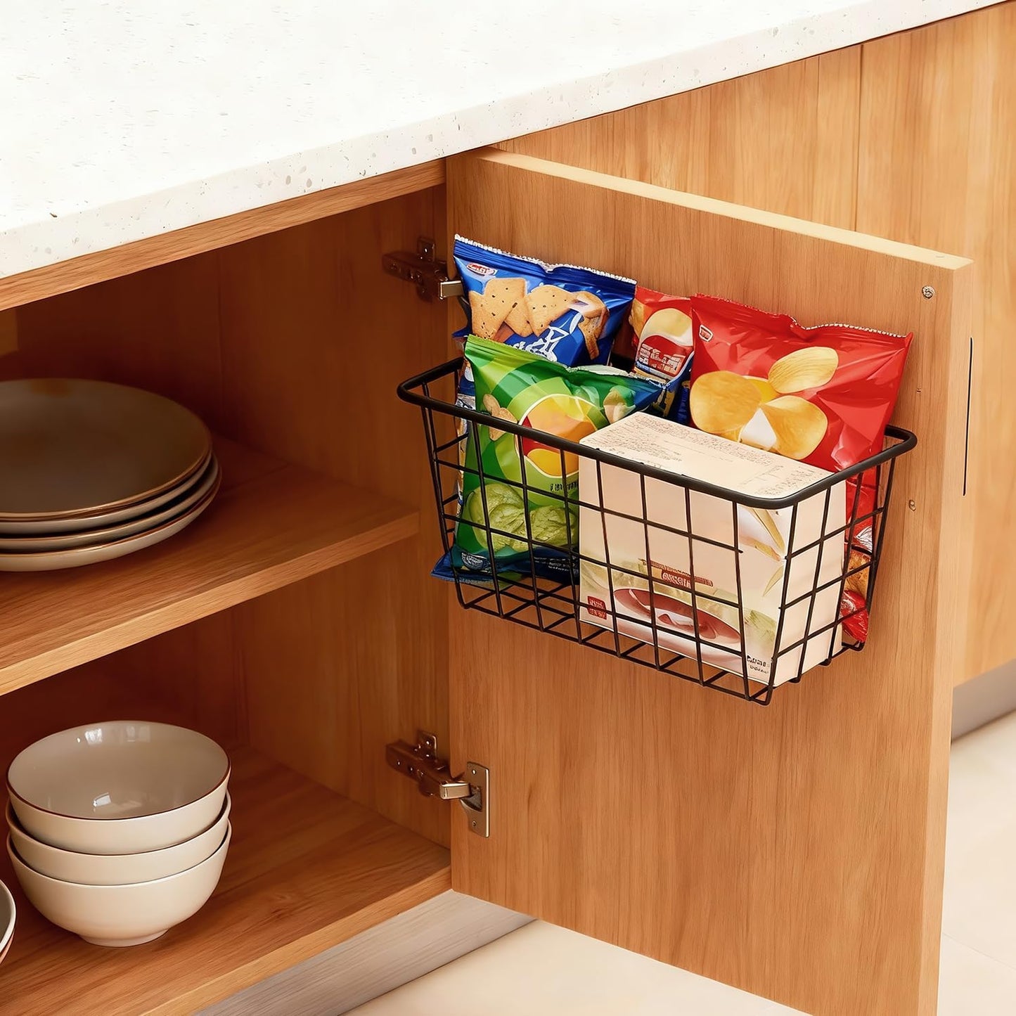 3 Set LeleCAT Adhesive Over the Cabinet Door Wire Baskets for Organizing for Kitchen Food Pantry Bathroom Shelf Storage No Drilling Wall Mounted,Black