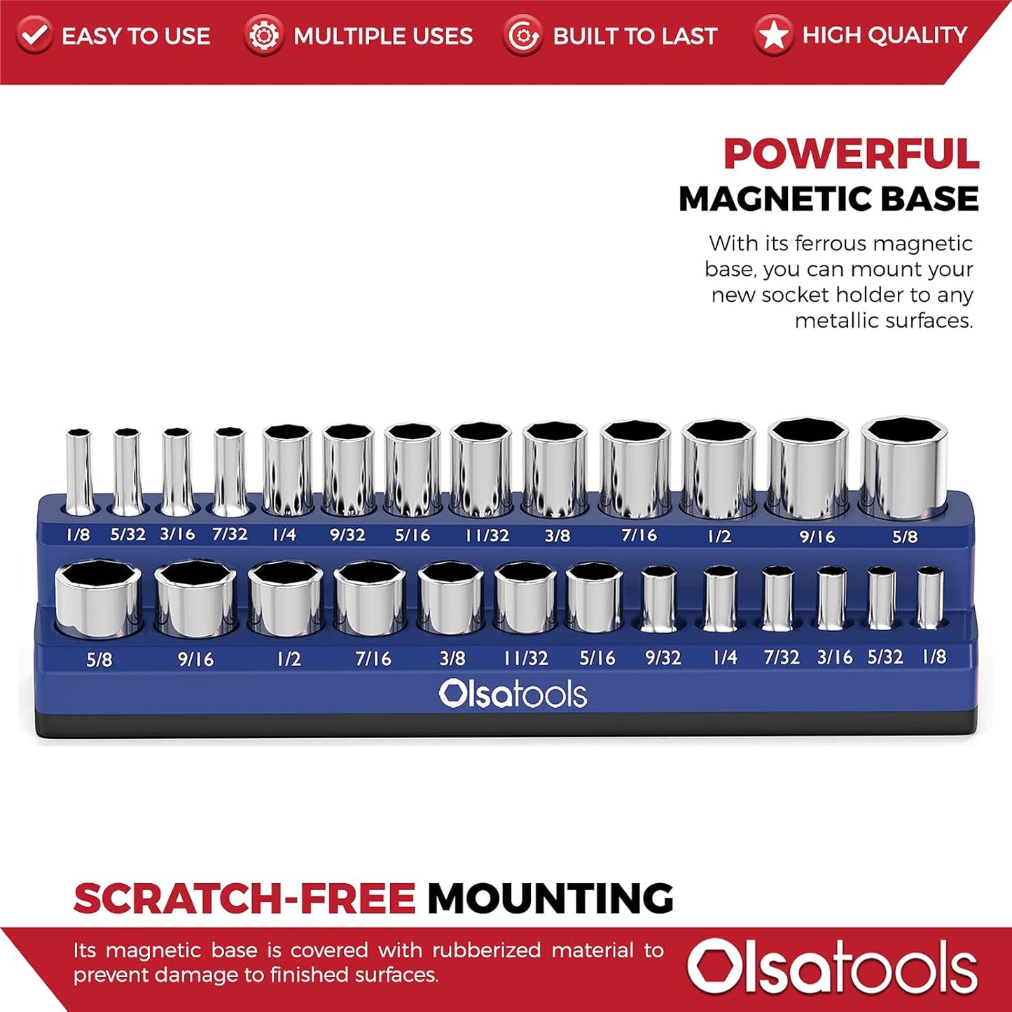Olsa Tools Magnetic Socket Organizer | 1/4-inch drive | SAE BLUE | Holds 26 Sockets | Professional Quality Tools Organizer