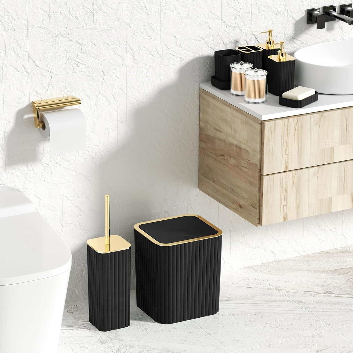 Bathroom Accessories Set - Gorgeous Black Bathroom Set, 10PC Bathroom Accessory Set, Toilet Brush, Trash Can, Qtip Holder Dispenser & Soap Dispenser