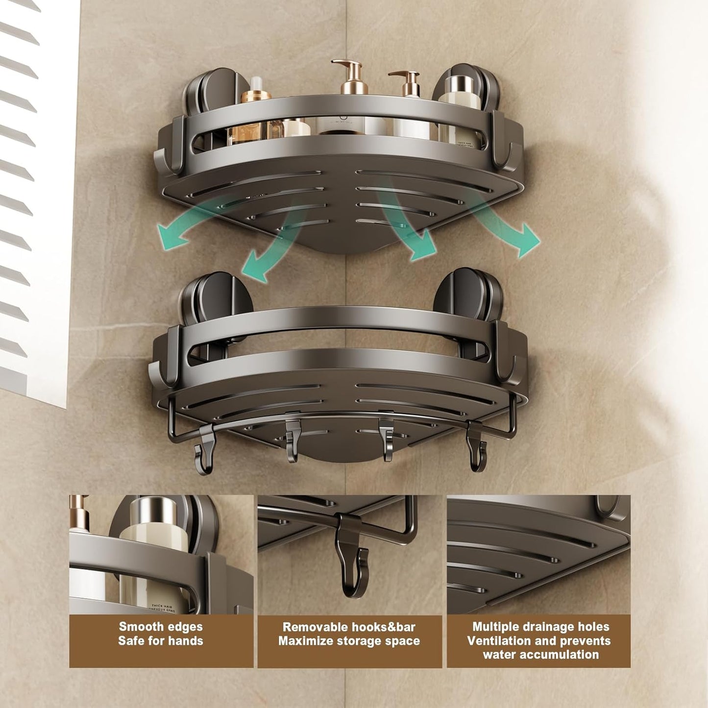 VOLPONE Shower Caddy Suction Cup, 2 Pack Corner Shower Shelves No Drilling, Showers Organizer Storage with Towel Bar & Removable Hooks, Bathroom Shower Shelf Rack for Inside Showers, Triangle
