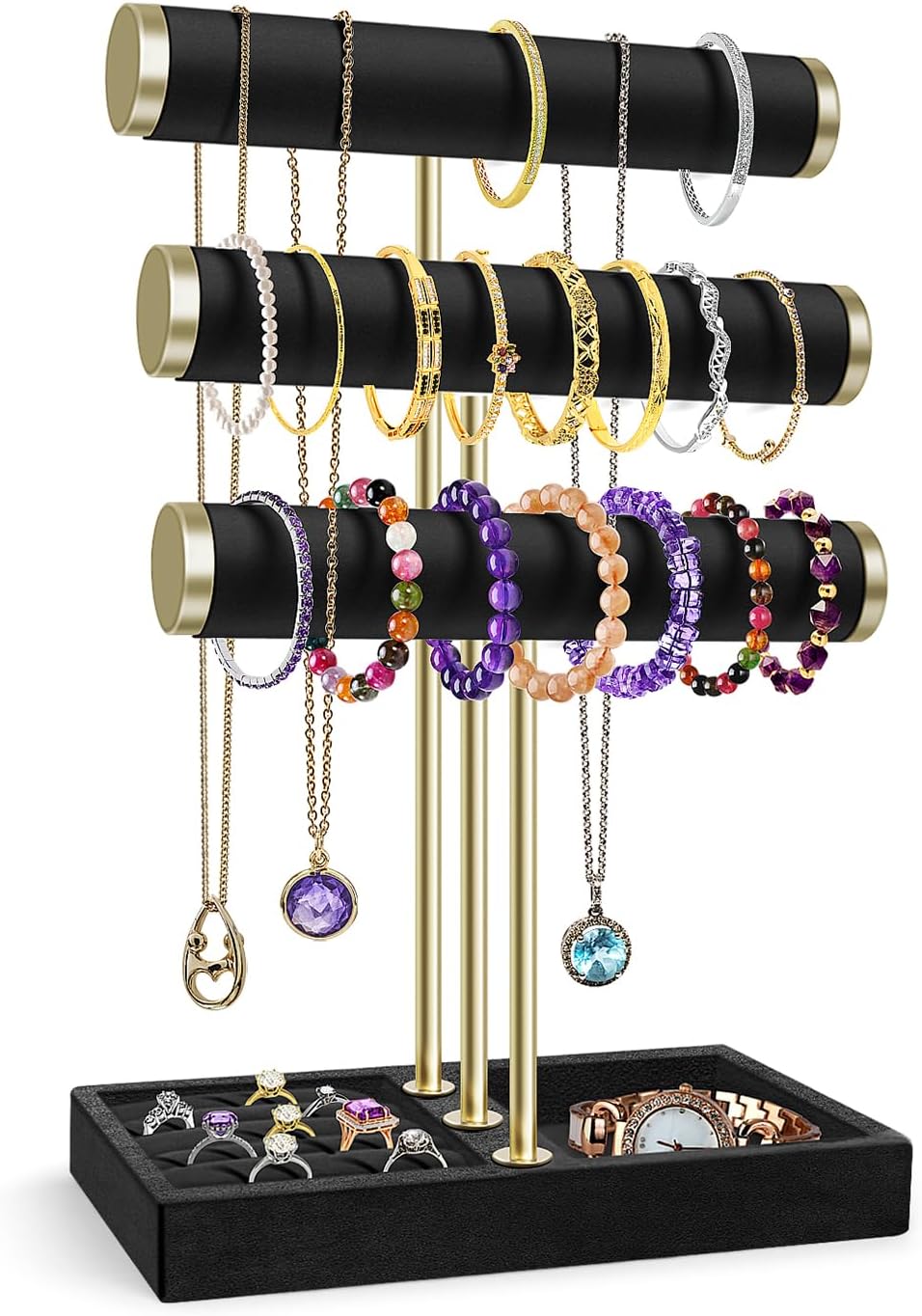 Flexzion 3 Tier Bracelet Holder Display Stand - Black Velvet Bracelet Holder Organizer with Detachable T Bar - Jewelry Display Stand for Bracelets, Bangles, Necklace, Watches, Rings