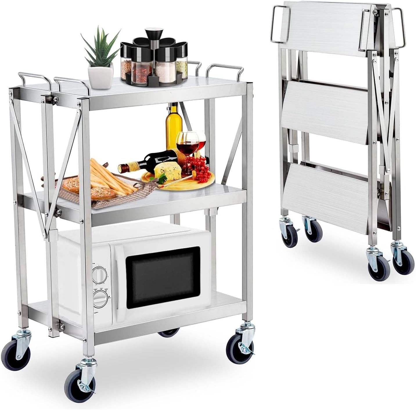 3 Tiers Folding Stainless Steel Utility Service Cart with Wheels-Heavy Duty 300LBS Outdoor Stainless Grill Cart,Kitchen Utility Carts and Service Trolley Carts