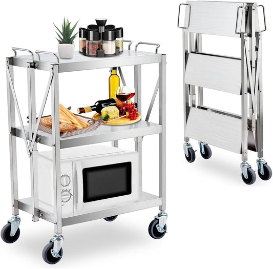 3 Tiers Folding Stainless Steel Utility Service Cart with Wheels-Heavy Duty 300LBS Outdoor Stainless Grill Cart,Kitchen Utility Carts and Service Trolley Carts