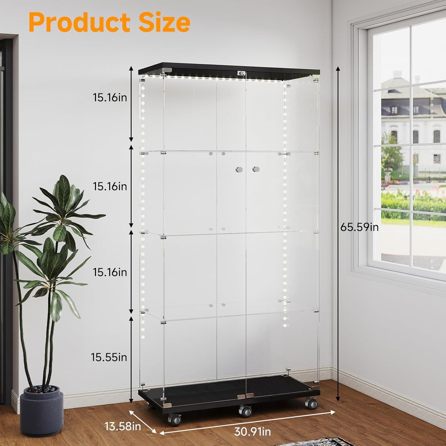 Tempered Glass Display Cabinet with Light Strip, 4-Tier Curio Cabinet with Glass Doors Wheels Locks, Glass Display Case for Collectibles for Living Room, Bedroom, Office, Black, Double Door