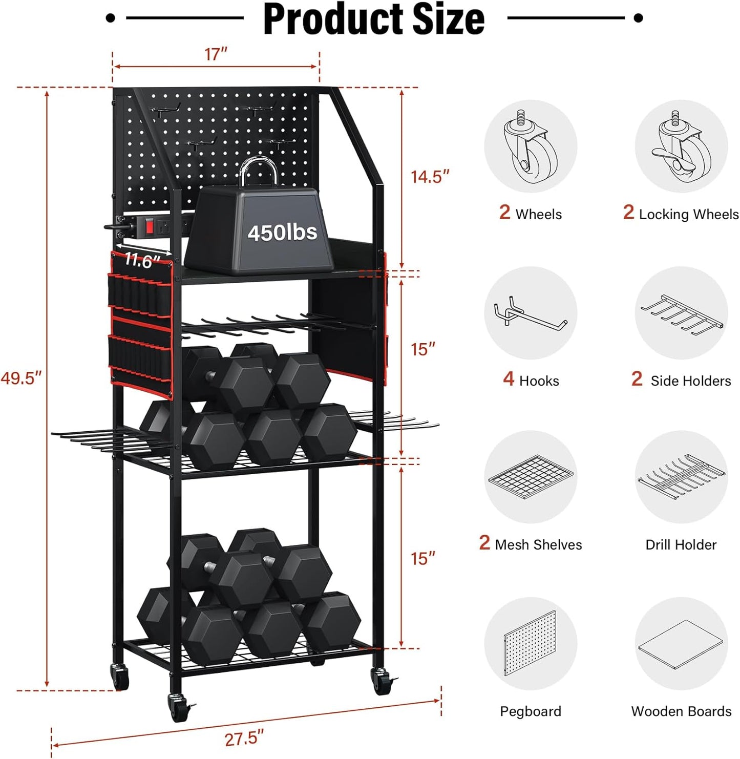 TC-HOMENY Power Tool Organizer Cart with 8 Outlets Charging Power Station, 24 Large Drill Tool Storage Racks with Wheels for Garage, Heavy Duty Tools Organizer Station, Festival Gifts for Men Dads