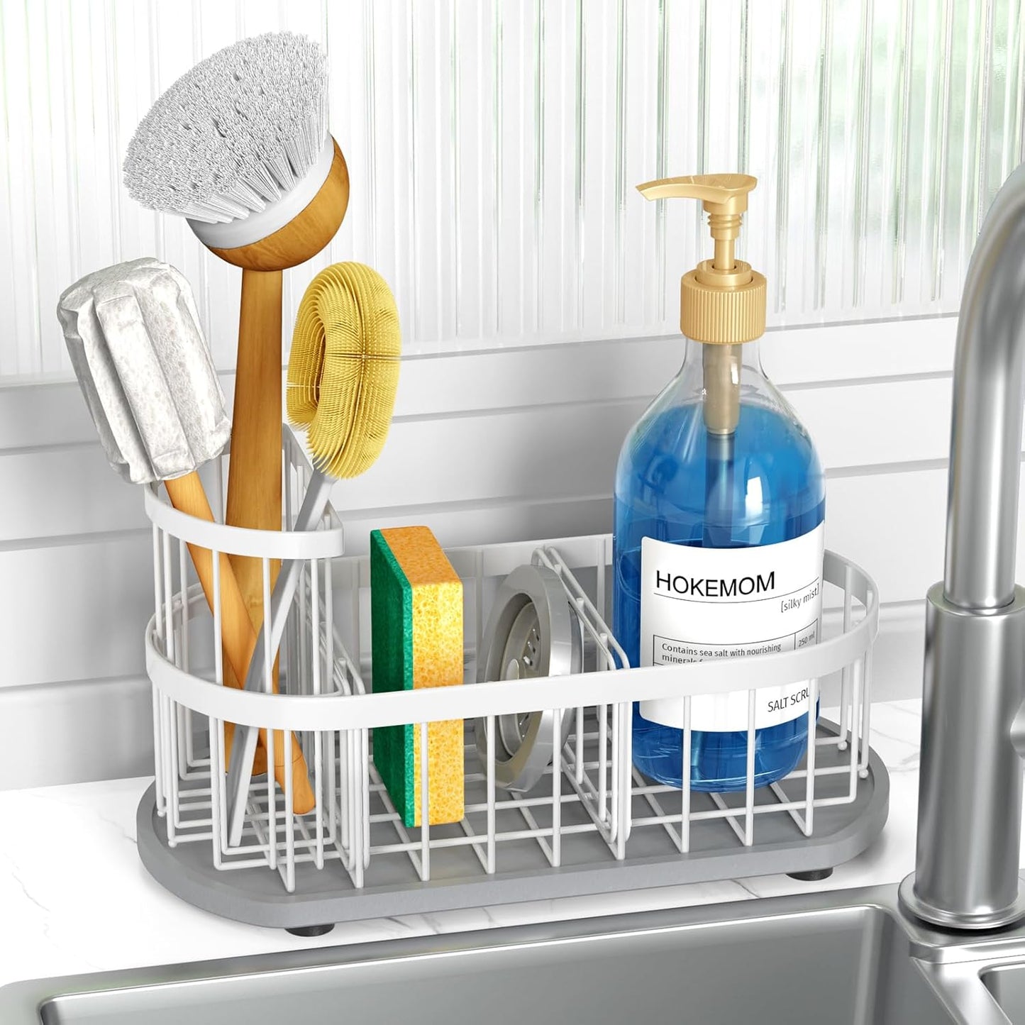 Kitchen Sink Organizer with Sponge Holder & Brush Holder - Drain-Free Non-Slip Base, 2.6mm Stainless Steel with White Rust-Resistant Coating - Easy Install & Clean Kitchen Sink Caddy