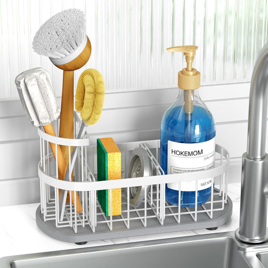 Kitchen Sink Organizer with Sponge Holder & Brush Holder - Drain-Free Non-Slip Base, 2.6mm Stainless Steel with White Rust-Resistant Coating - Easy Install & Clean Kitchen Sink Caddy