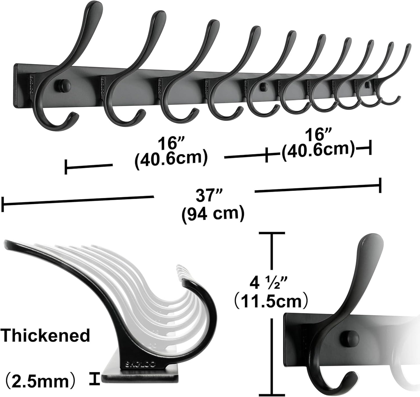 SKOLOO Coat Rack Wall Mounted - 10 Hooks, Pack of 2, Heavy Duty, Stainless Steel, Metal Wall Hanger, Sturdy Coat Hooks for Hanging Coats, Jacket, Clothes, Hat, Black
