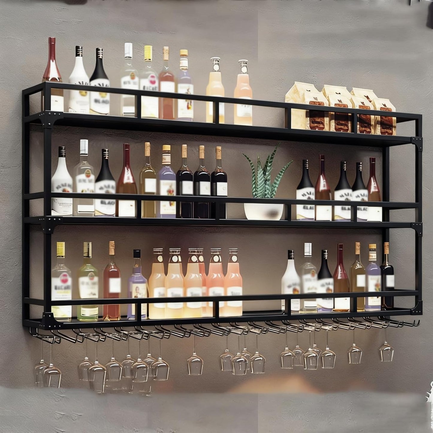 70.8in Wall Mounted Wine Rack, Wine Rack Wall Mounted with Wine Glass Rack, Metal Bar Bottle Display Shelf Wine Cups Hanging Holder, for Home Bar Cafe Decoration (Black, 70.8 * 10 * 35.5IN)