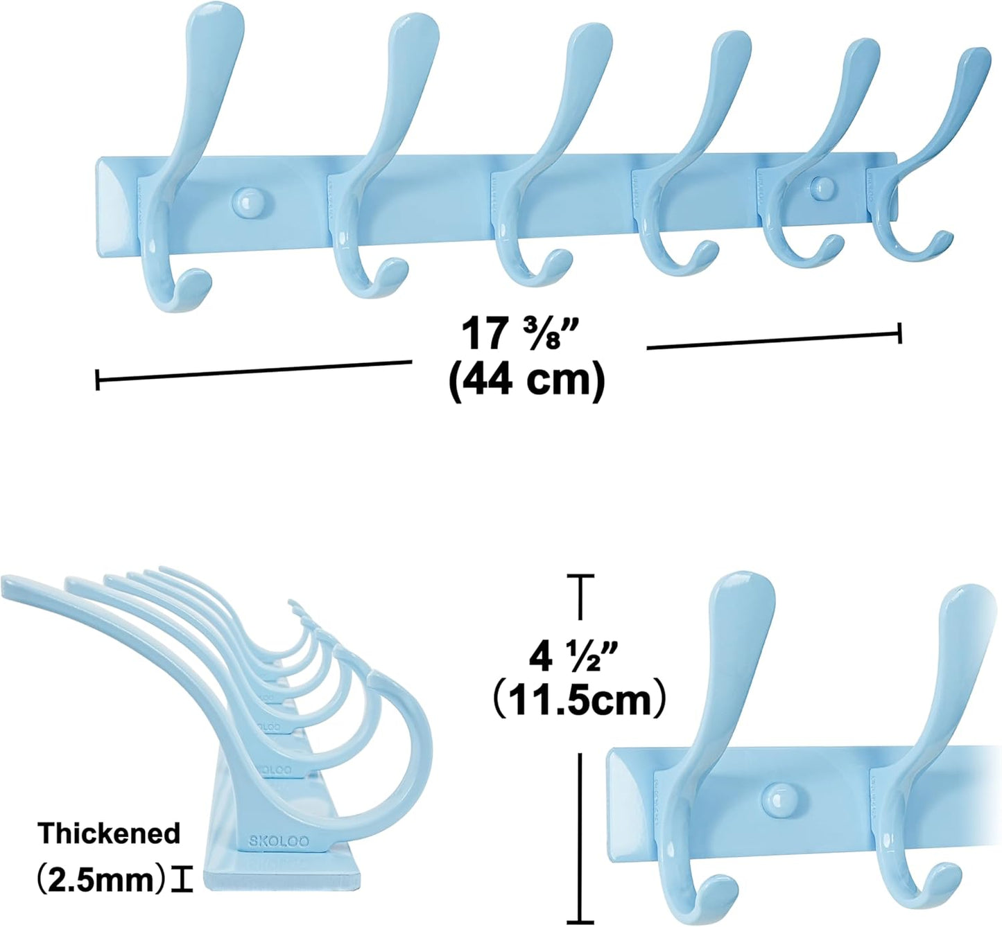 SKOLOO Wall Mounted Coat Rack - 6 Hooks, Heavy Duty, Stainless Steel, Metal Wall Hangers, Sturdy Coat Hooks for Hanging Coats, Jacket, Clothes, Hat, Blue
