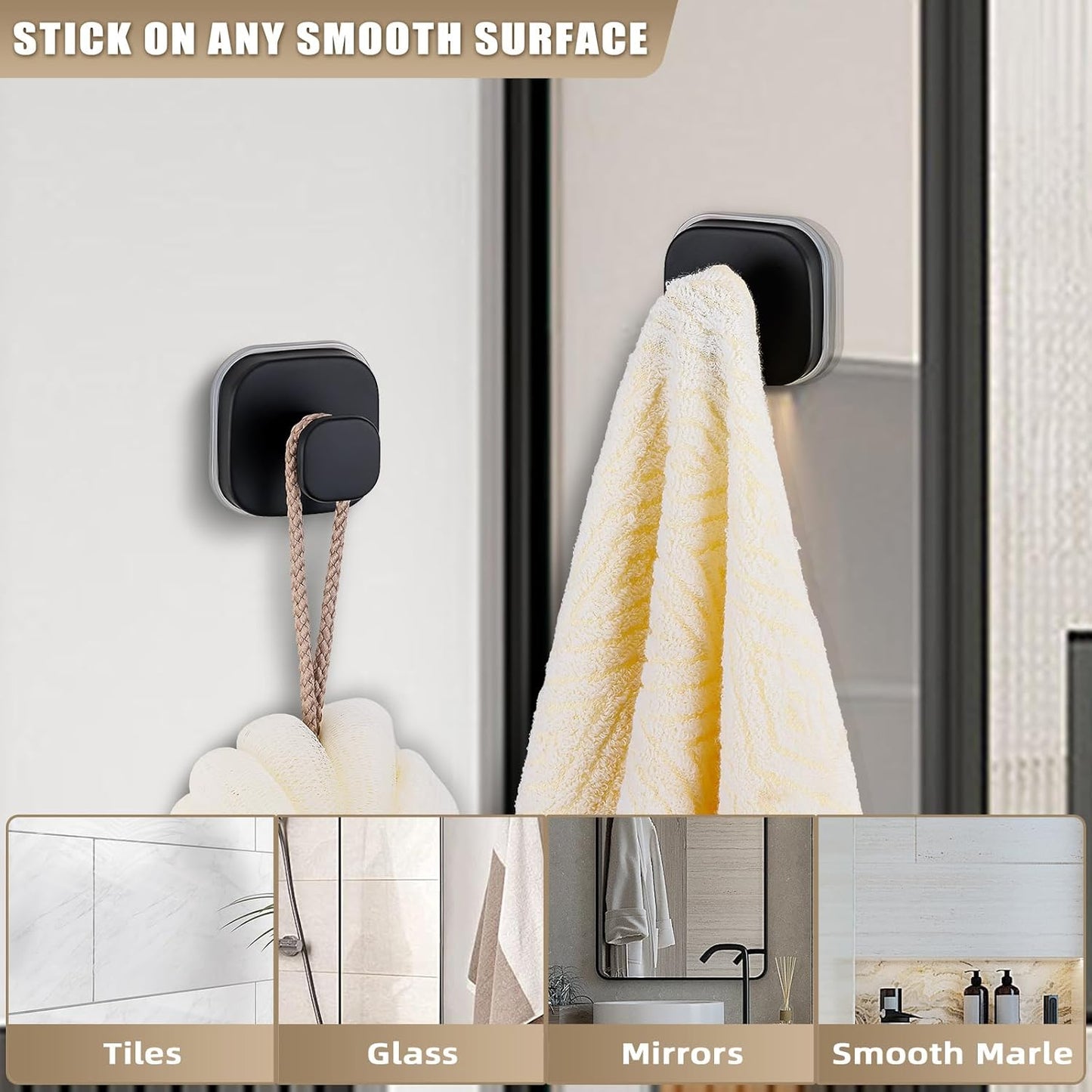 Suction Cup Hooks for Shower - Resuable Bathroom Hooks for Towels, Robes & Loofah - No-Drill Mounting on Kitchen,Walls,Metal,Glass,Mirrors,Tile & Smooth Non-Porous Surfaces (4, Matte Black)