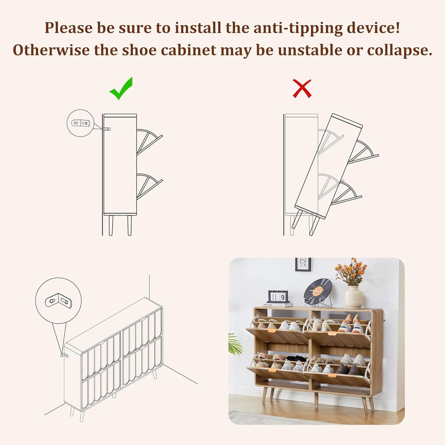 ORRD Shoe Storage Cabinet for Entryway with 4 Flip Drawers, Freestanding Narrow Wood Shoe Cabinet with Wave Panel, Hidden Shoe Organizer for Foyer, Hallway (Natural)
