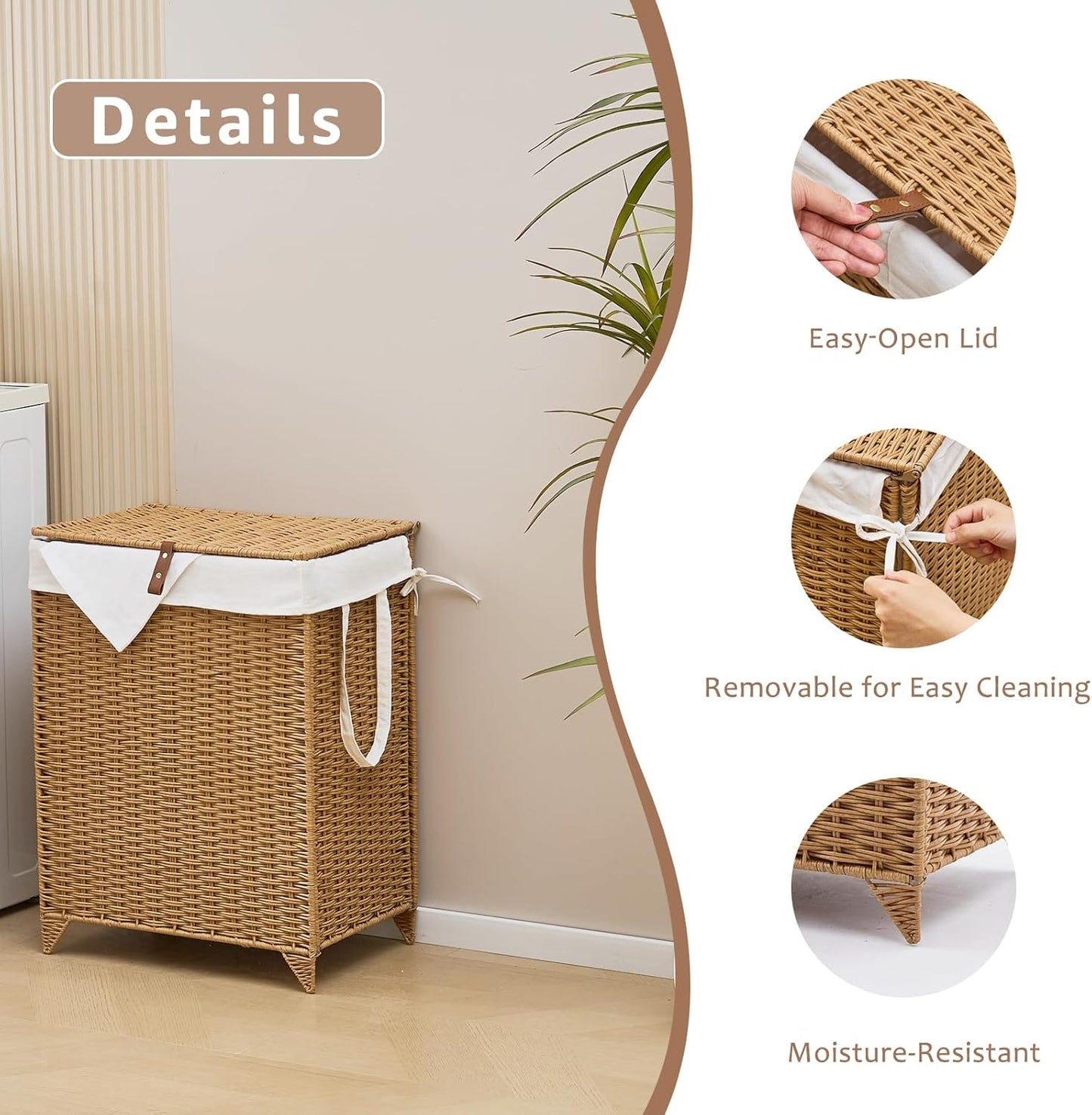 Laundry Hamper with Lid and Removable Liner Bag, Handwoven Rattan Clothes Hamper with Heightened Feet, Wicker Laundry Basket for Clothes and Towels，Middle