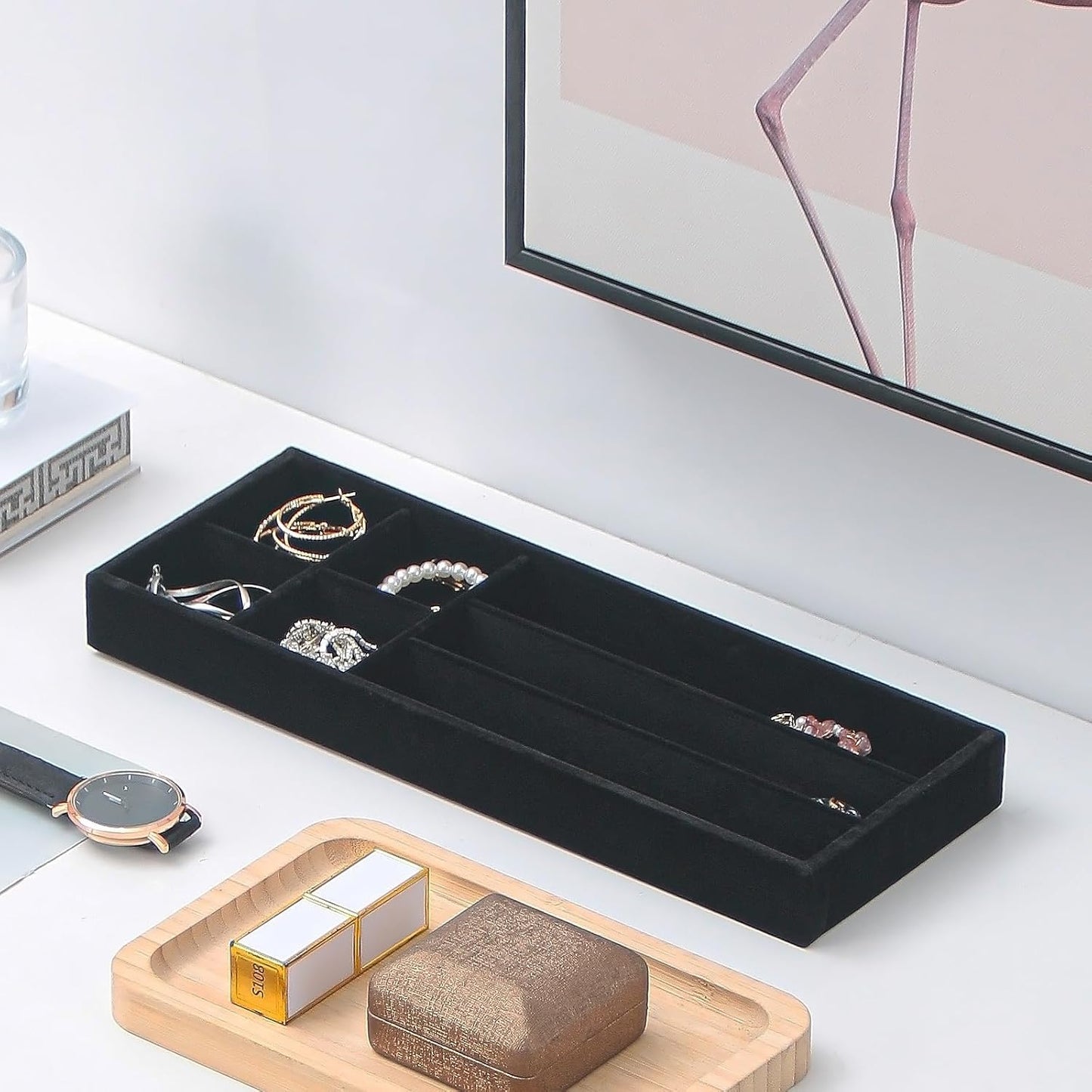 2Pcs Desk Drawer Storage Tray, Nightstand Organizer Tray, Necklace Bracelet Ring Earring Jewelry Display Tray, Grid Table Organizer Holder Tray for Sunglass, Phone, Watch, Perfume (7 grid)/Black