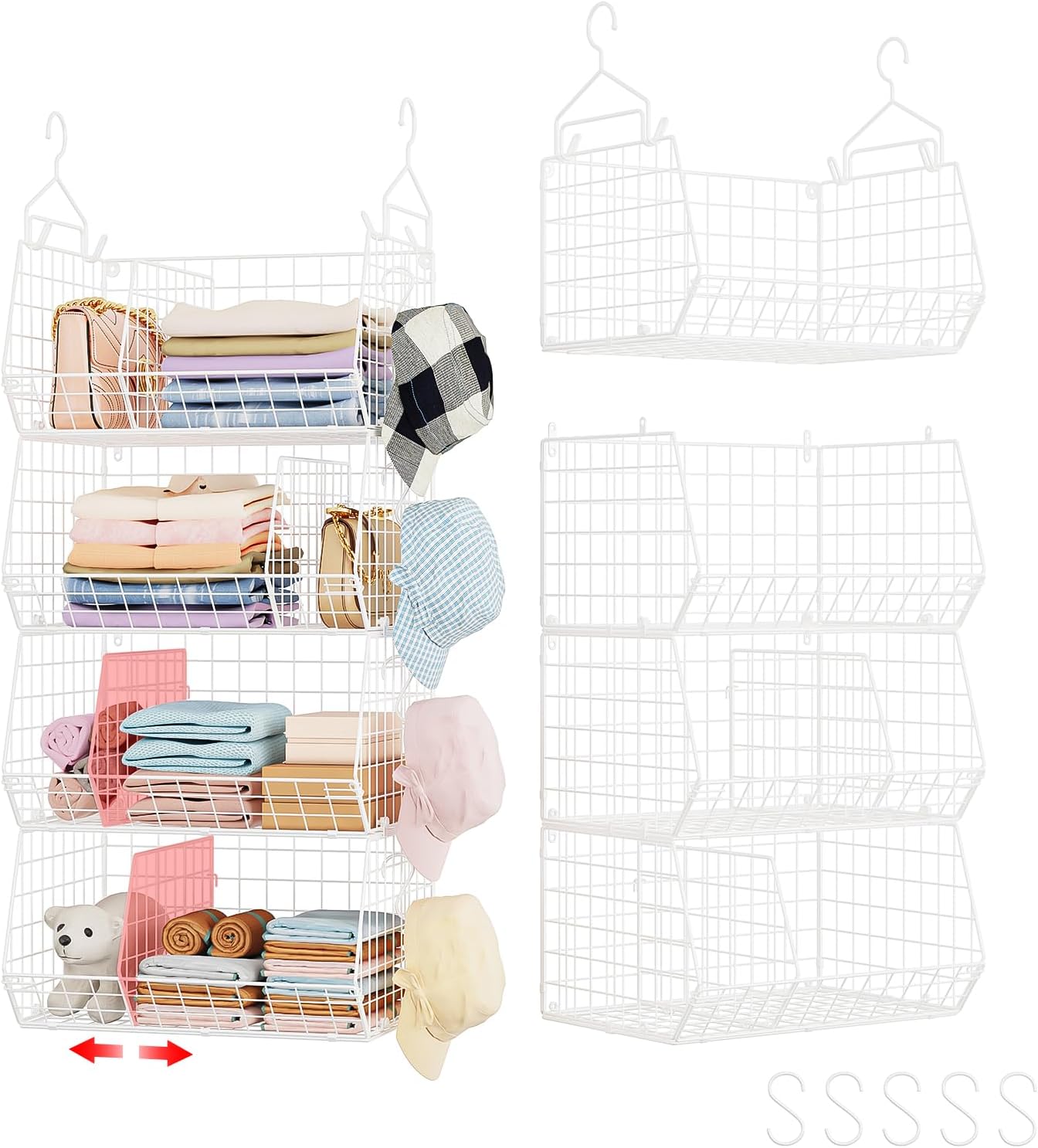 4 Tier Extra Large Hanging Closet Organizer,Closet Organizer Hanging with 5 S Hooks 4 Dividers,Clothes Organizer Clothing Sweaters Clutches Handbags Hats Accessories-White