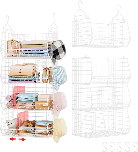 4 Tier Extra Large Hanging Closet Organizer,Closet Organizer Hanging with 5 S Hooks 4 Dividers,Clothes Organizer Clothing Sweaters Clutches Handbags Hats Accessories-White