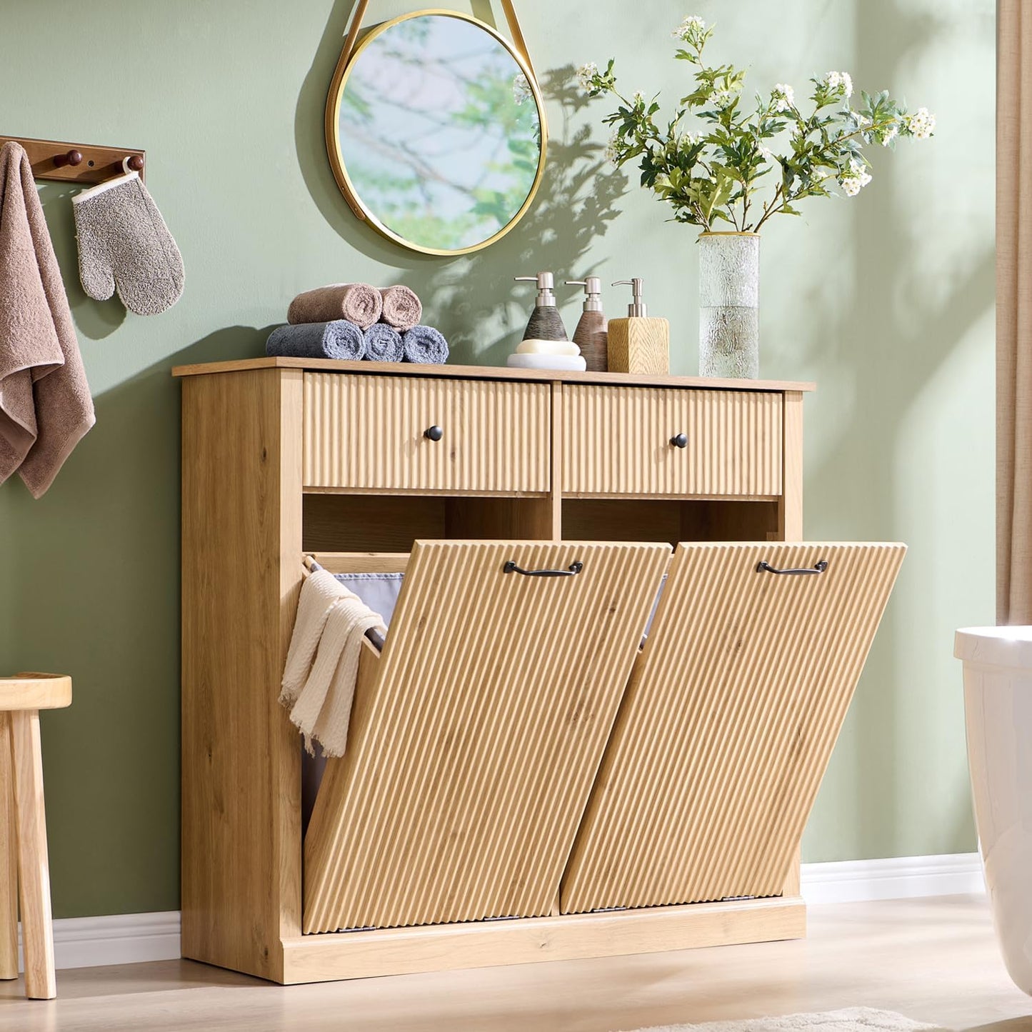 Modern Double Tilt-Out Laundry Hamper Cabinet, 20 Gallon Fluted Trash Can Cabinet with 2 Drawers, Wooden Hidden Garbage Can Cabinets with Laundry Basket, for Bathroom and Kitchen, Natural Oak