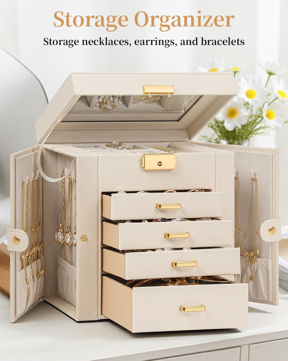 TORIBIO Jewelry Box for Women, Leather Jewelry Organizer with Mirror & Lock, 5-Tier Jewelry Storage Organizer with 4 Drawers for Girls/Women/Mothers, Necklace Earring Bracelets Holder Organizer