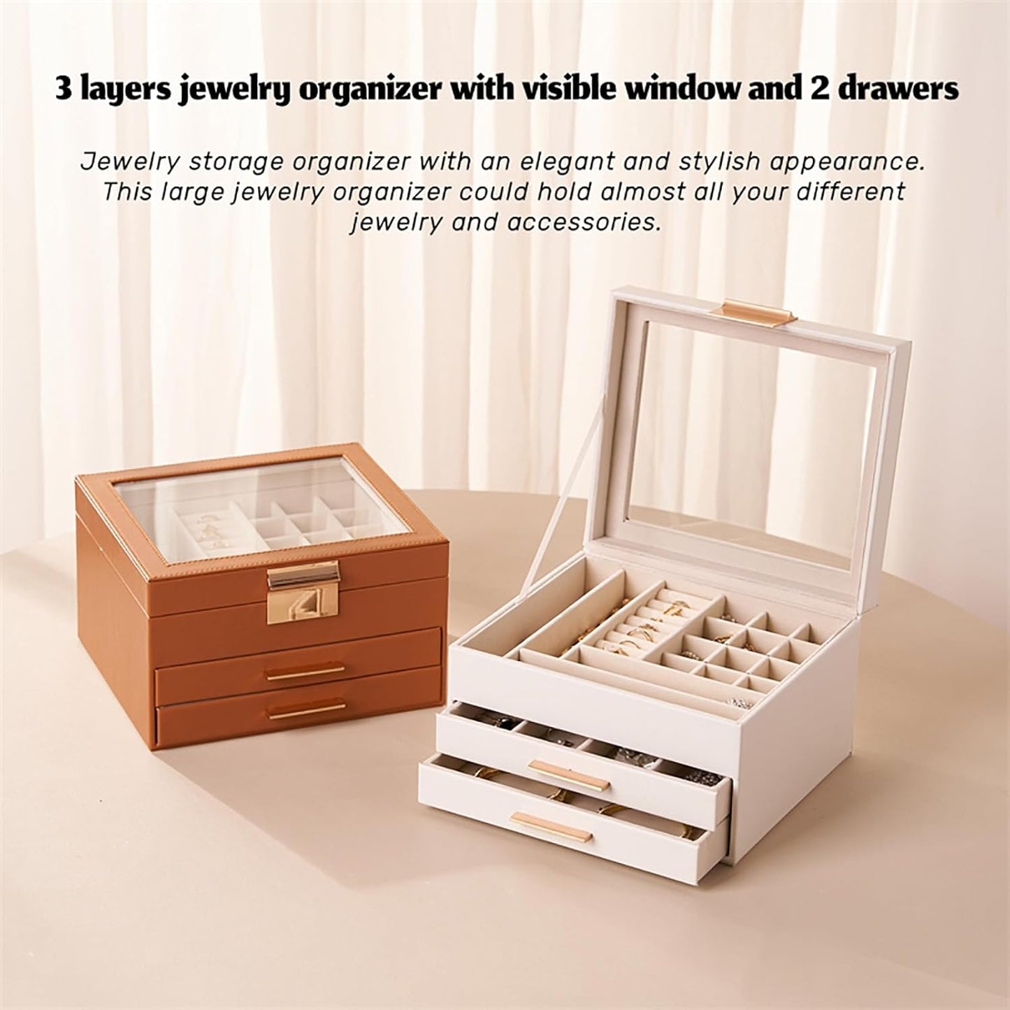 Jewelry Box Organizer with Glass Lid, 3-Layer Jewelry Storage, with 2 Drawers, Modern Style, 8 x 9.1 x 5.3 Inches (Brown)