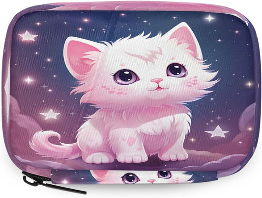 Lovely Cat Starry Sky Pill Organizer Travel Medicine Case with Zipper Daily Vitamin Storage Bag Portable 8 Slot Weekly Pill Box Supplement Holder for Home Office Gym Travel
