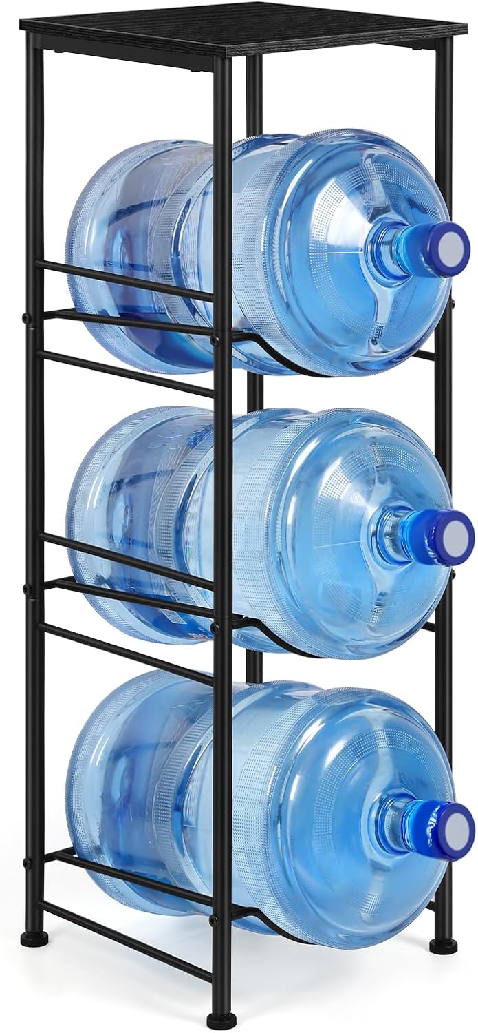 OYEAL Water Jug Holder Stand 5 Gallon Water Bottle Holder Organizer With Shelf, Heavy Duty 3 Tier Water Bottle Storage Rack for Kitchen, Office, Living Room, Black