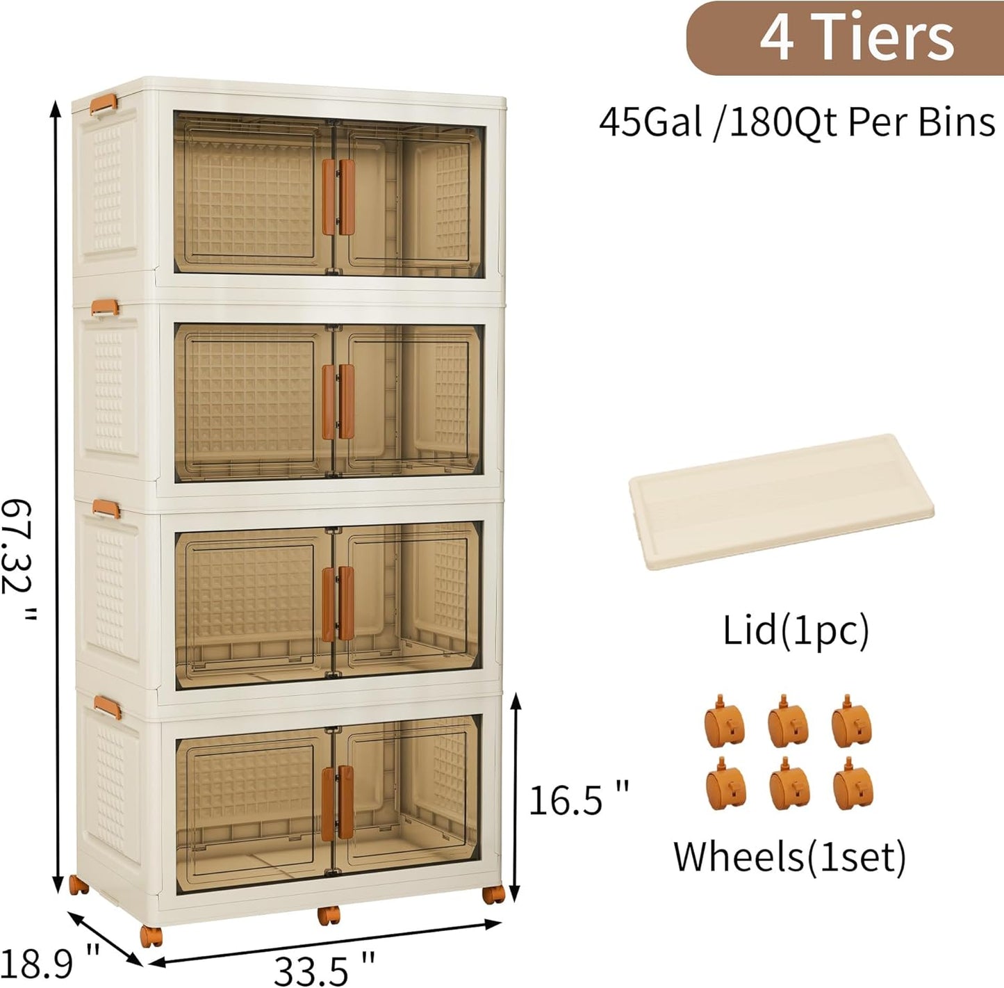 Plastic Stackable Storage Bins with Lids and Wheels, Foldable Closet Organizers and Storage Containers, Collapsible Clear Drawer Storage Cabinet with Doors Ivory White 720 QT