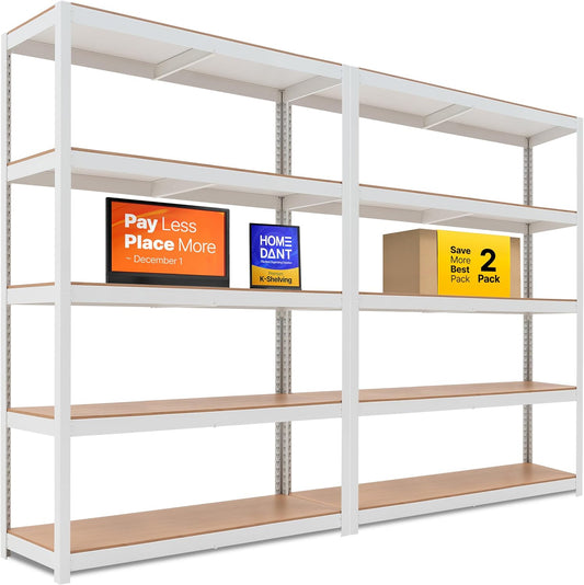 HOMEDANT House Lift-Beam White 48" Wide Boltless Heavy Duty Garage Storage Shelving Adjustable 5-Tier Metal Shelves Laminated Organization Shelf Industrial Utility Rack Pantry Shed Office Store 2Pack