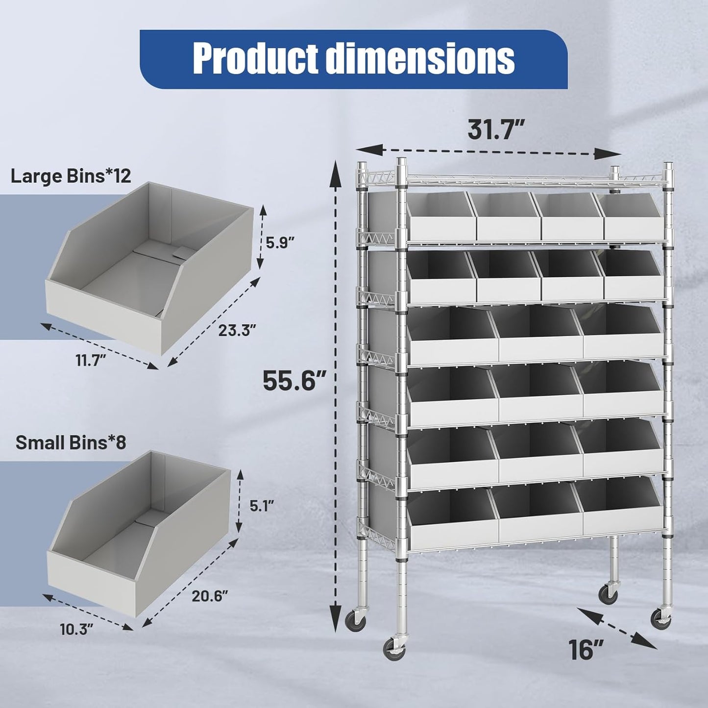 6-Tier Classics Heavy-Duty Bin Rack, Industrial Solid Steel Wire Shelving Storage Unit, Organizer with 20 Bins, Gray, for Garage/Warehouse/Kitchen/Office/Classroom