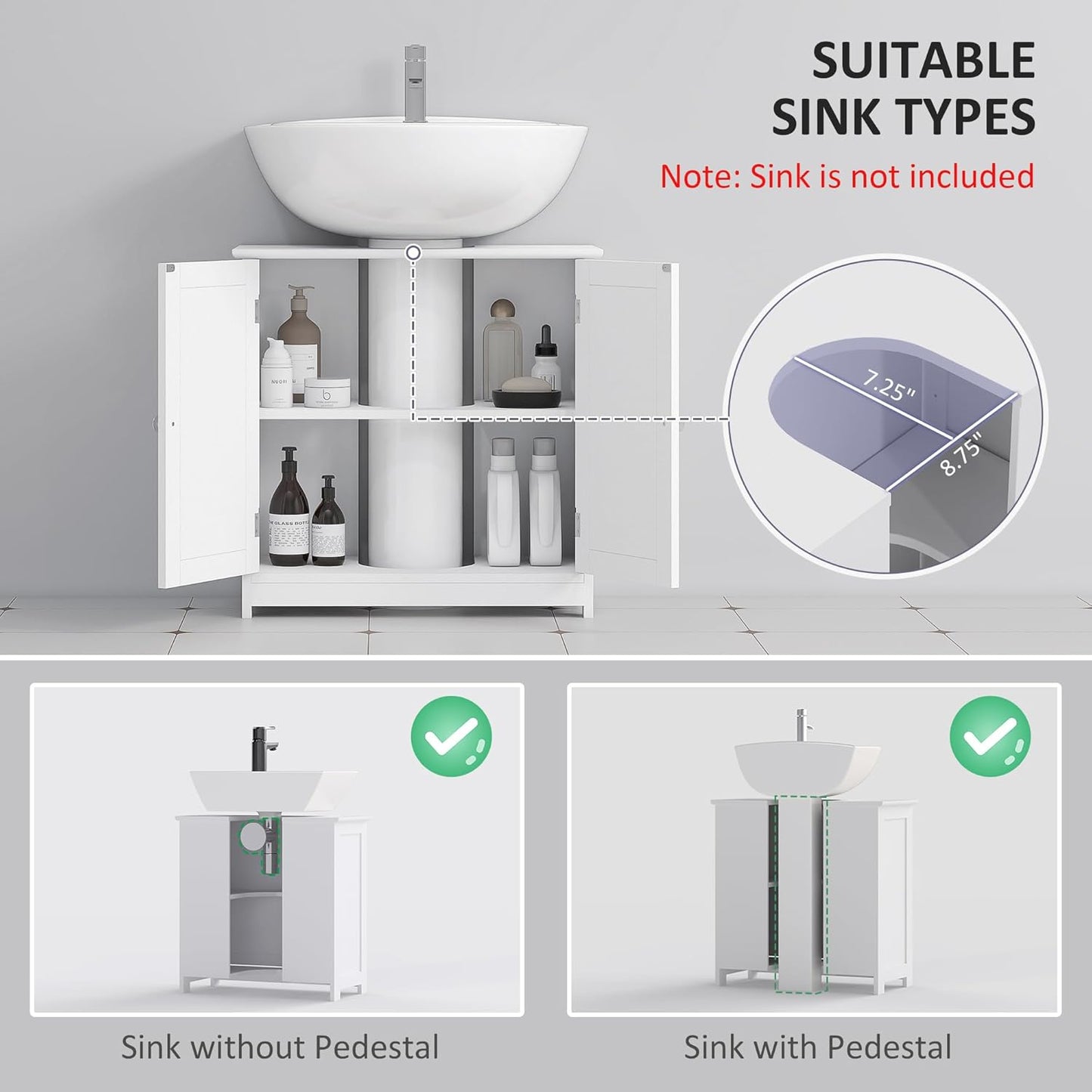 kleankin 23.5" Pedestal Sink Storage Cabinet, Freestanding Bathroom Under Sink Cabinet with U-Shape Cut-Out and Adjustable Shelf, White