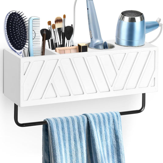 Hair Tool Organizer Wall Mounted with Towel Bar, Wood Hair Dryer and Styling Holder for Bathroom, Vanity Caddy Storage Stand for Storage Bathroom Accessories, Flat Iron, Blow Dryer, Brushes(White)