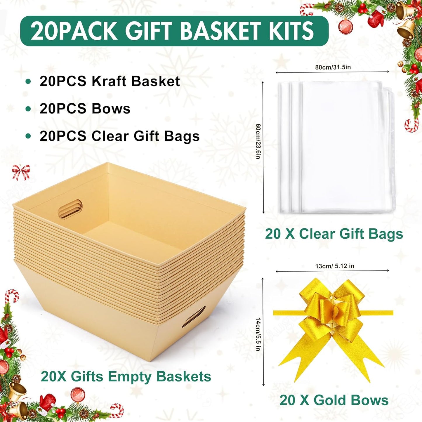 AFOROEOA 20PACK Baskets for Gifts Empty, 10x12”Thick Kraft Gift Basket with 20 Bows 20 Bags Empty Gift Baskets for Christmas, Valentine’s Day, Easter, Birthdays, Snacks, Farmers Market