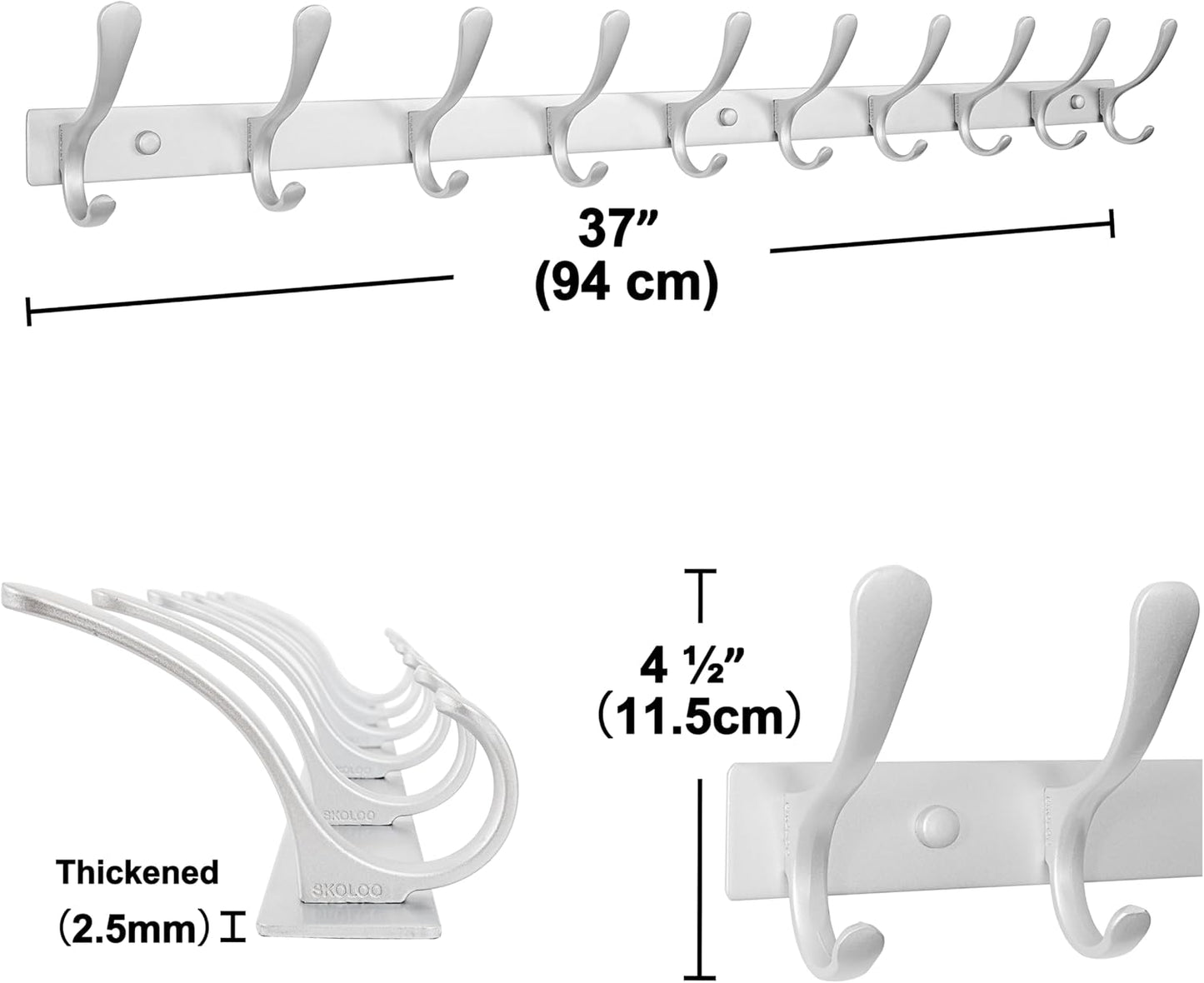 SKOLOO Coat Rack Wall Mounted - 10 Hooks, Heavy Duty, Stainless Steel, Metal Wall Hanger, Sturdy Coat Hooks for Hanging Coats, Jacket, Clothes, Hat, Cold Light Silver