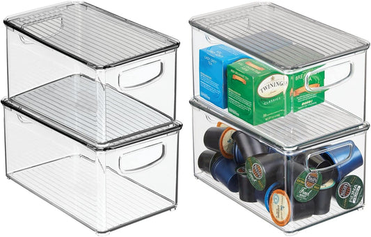mDesign Plastic Deep Storage Bin Box Container with Lid and Built-In Handles - Organization for Fruit, Snacks, or Food in Kitchen Pantry, Cabinet, Cupboard, Ligne Collection, 4 Pack, Clear/Smoke Gray