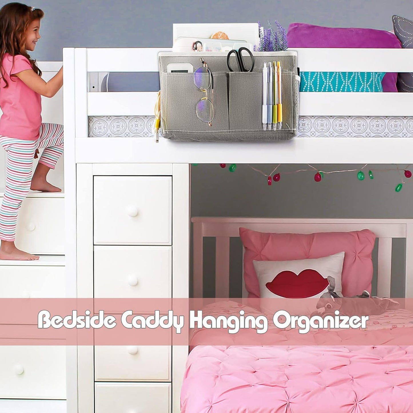 Bedside Caddy Hanging Storage with Water Bottle Holder for Bunk Bed, Hospital Bed, Dorm Rooms (Grey)