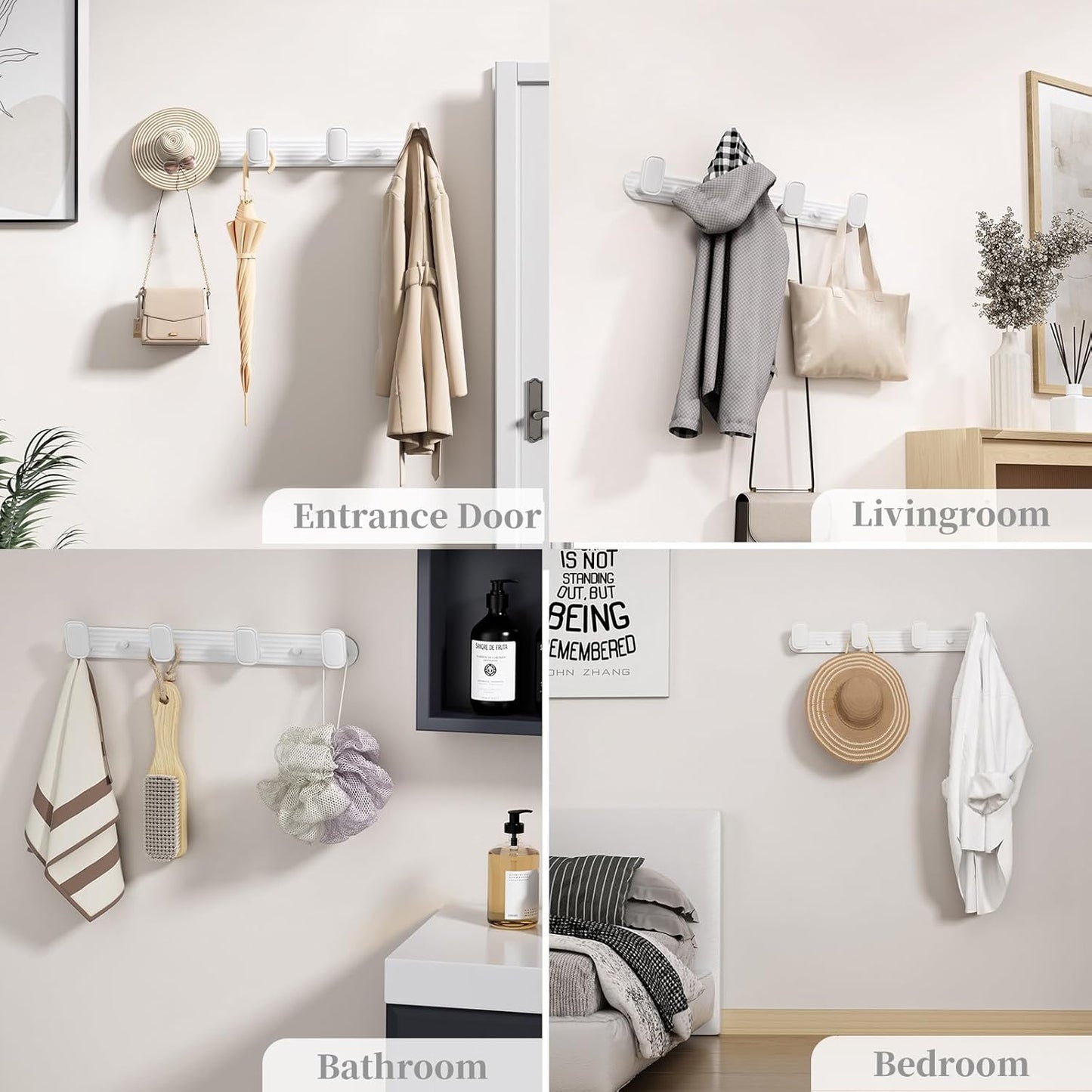 Coat Rack Wall Mount White, 4 Hooks Rack Metal Coat Hanger Wall for Hanging Hat Purse and Robes, Towel Hook for Bathrooms and Entryway (1 Pack)
