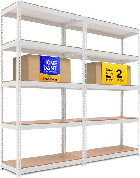 HOMEDANT 5 Tier Storage Shelves Adjustable Laminated Boltless Garage Metal Shelving Unit Heavy Duty Utility Rack Shelf Warehouse Pantry Closet Kitchen (2, (M) 35.9" W, White)