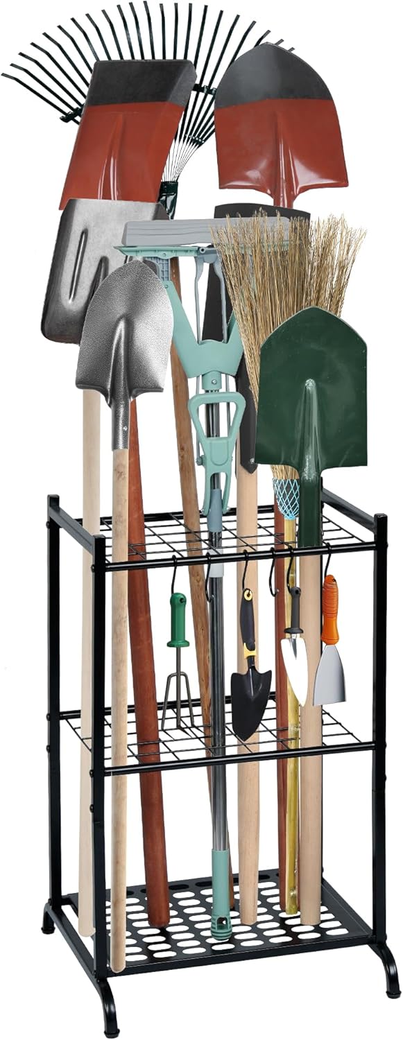 Garden Tool Organizer with Storage Hooks, Yard Tool Tower Rack for Garage Organization and Storage, Up to 35 Long-Handled Tools, Metal Tool Holder with 6 Hooks, Black