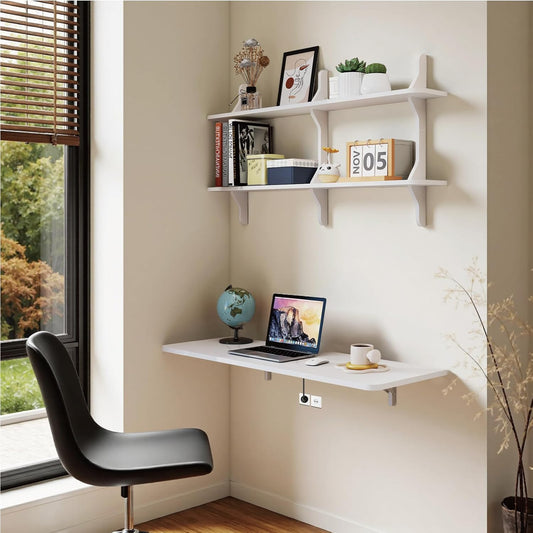 Pmnianhua Wall Mounted Folding Table, 47'' Floating Laptop Desk with Shelves, Foldable Drop Leaf Table, Wall Mount Fold Down Table for Laundry Room Kitchen Bar Home Office Small Space(White)