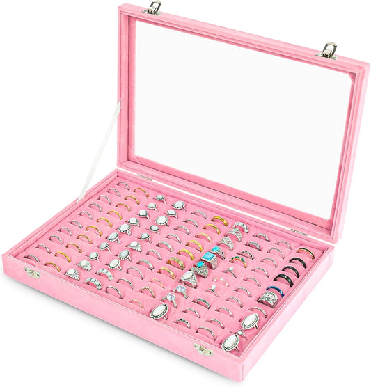 Frebeauty Ring Organizer Tray 100 Slots Ring Holder with Clear Lid Velvet Storage Box Jewelry Tray for Jewelry Store Earring Display Case for Jewelry Show Studs Box for Women(Pink)