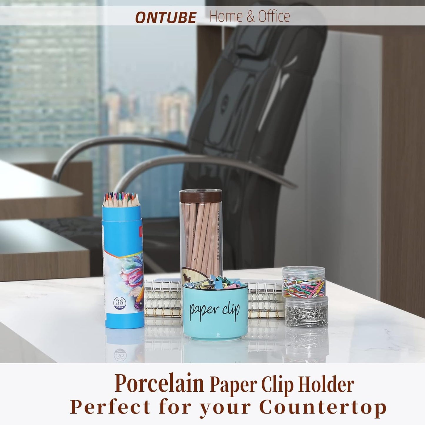 ONTUBE Farmhouse Paper Clip Holders,Ceramic Binder Clip Dispenser Organizer for Desk ,Cute Office Push Pins Holder (Turquoise)