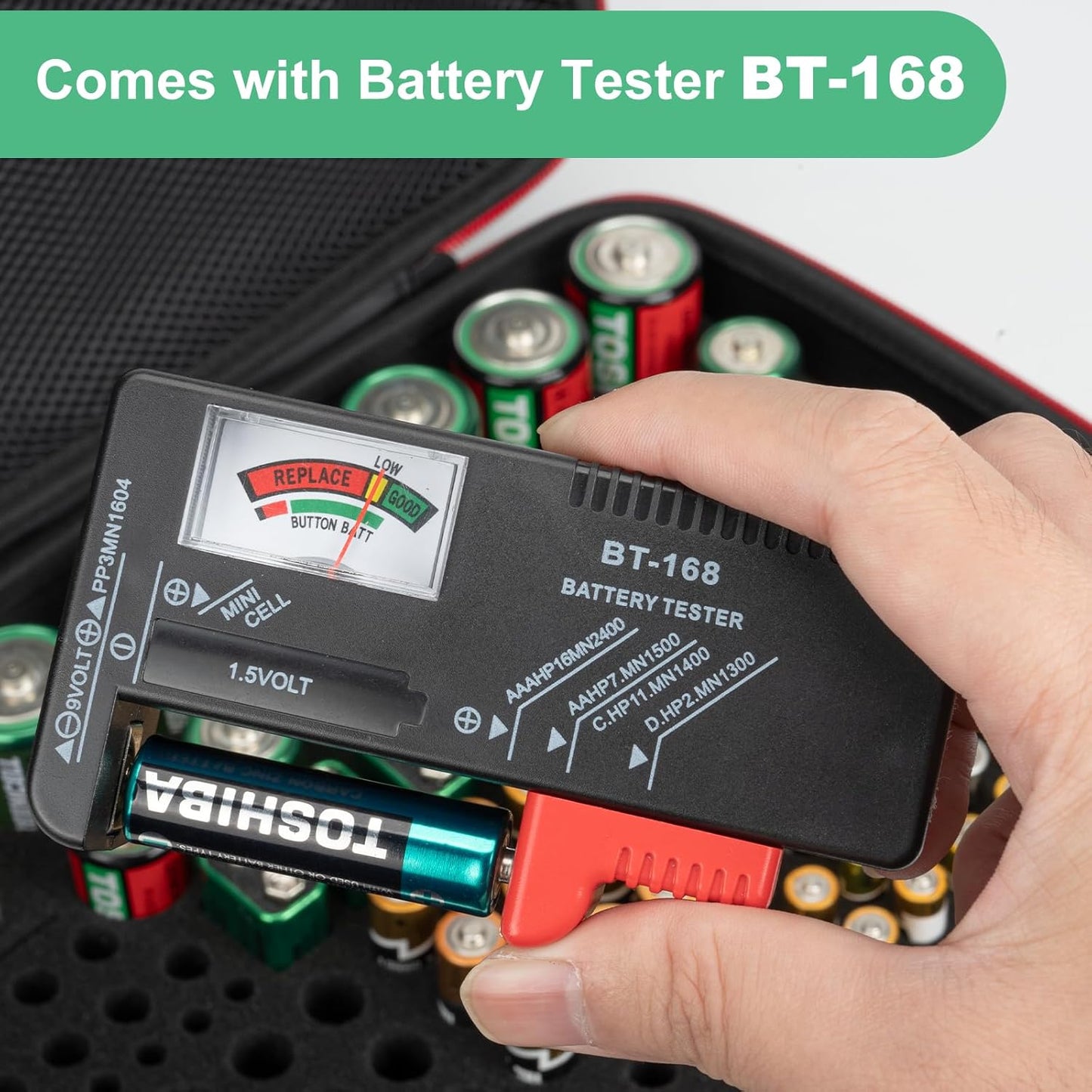 Battery Organizer Storage Case with Tester, Hardshell Portable Checker Carrying Case Holds 200+ Batteries AA AAA AAAA C D 9V, Battery Organizer Storage Box