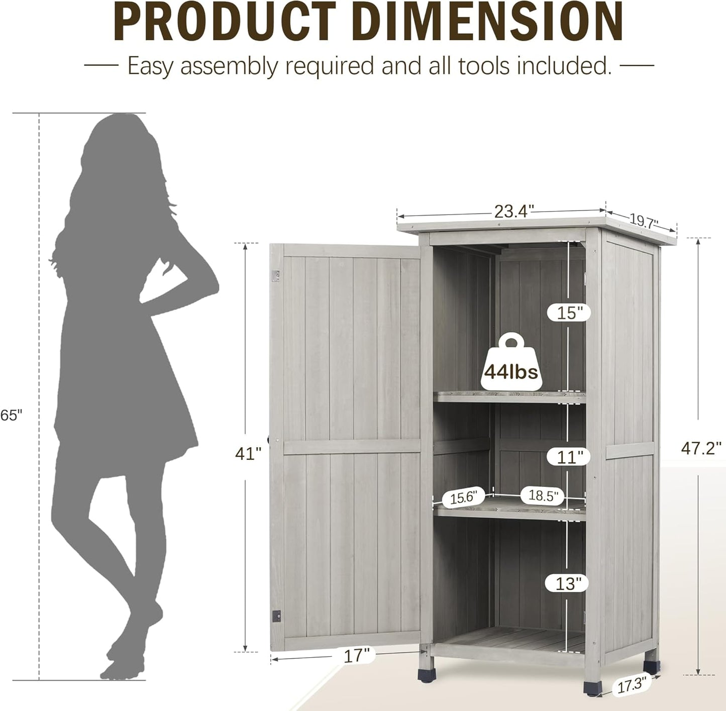 Wooden Outdoor Storage Cabinet, Vertical Garden Tool Shed with Waterproof Metal Roof & 2 Adjustable Shelves Ideal for Yard, Patio, Deck and Porch (Gray, 20" x 24" x 48")