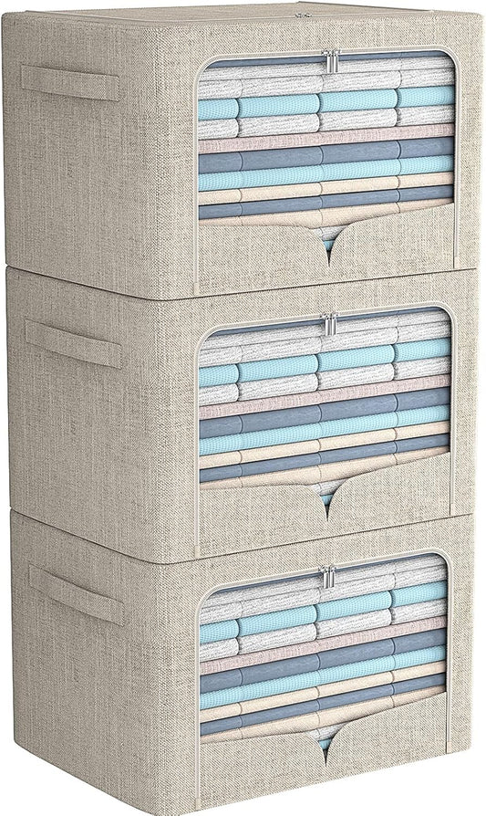 FHSQX 3 Pack Clothes Storage Bins - Foldable Metal Frame Storage Box - Stackable Linen Fabric Container Organizer Set with Carrying Handles and Clear Window (Beige, 19.7x15.7x13inch(66L))