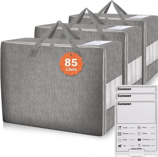 3 Pack 85L Comforter Storage Bags, Extra Large Bedding Storage Bags with Card and Clear Window, Reinforced Handles & Zippers, Foldable Closet Organizers for Blanket Pillow Clothes