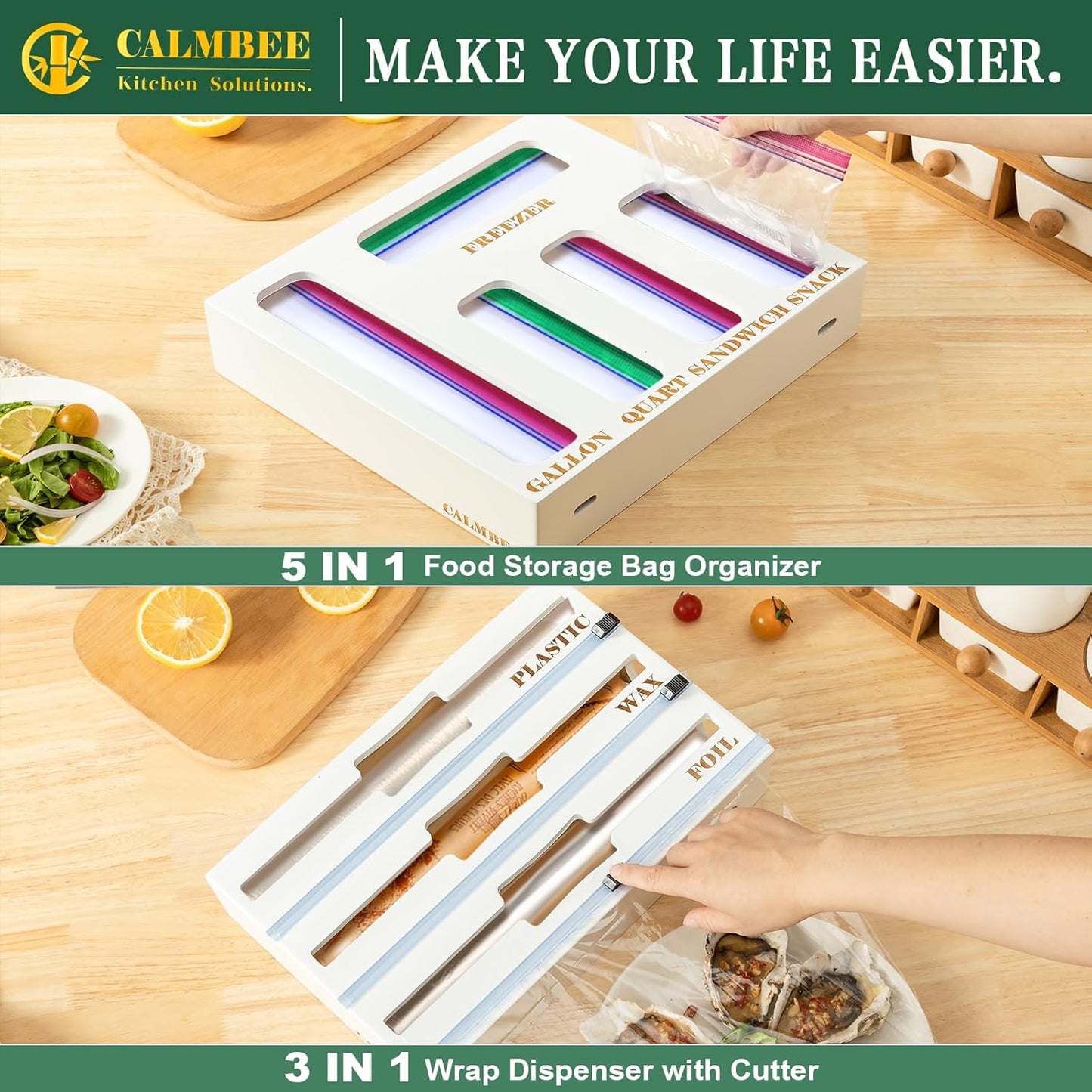 Calmbee Storage Bag Organizer - Foil & Plastic Wrap Organizer with Cutter, Kitchen Storage Compatible with Gallon, Quart, Sandwich, Snack Bags & 12" Aluminum Foil & Wax Paper, White