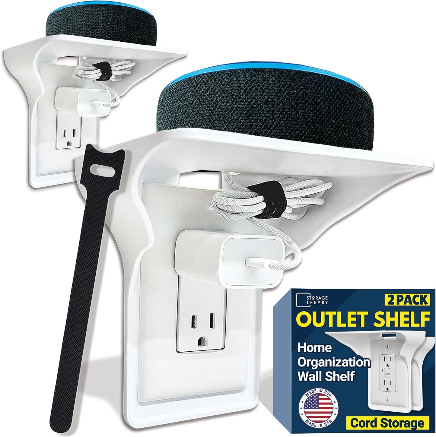 BeraTek Power Perch Wall Outlet Shelf with Cord Storage Strap - Declutter & Reclaim Bathroom Counter Space - Echo Dot Stand, Homepod Mini Wall Mount, Smart Home Devices Organizer - White, 2-Pack