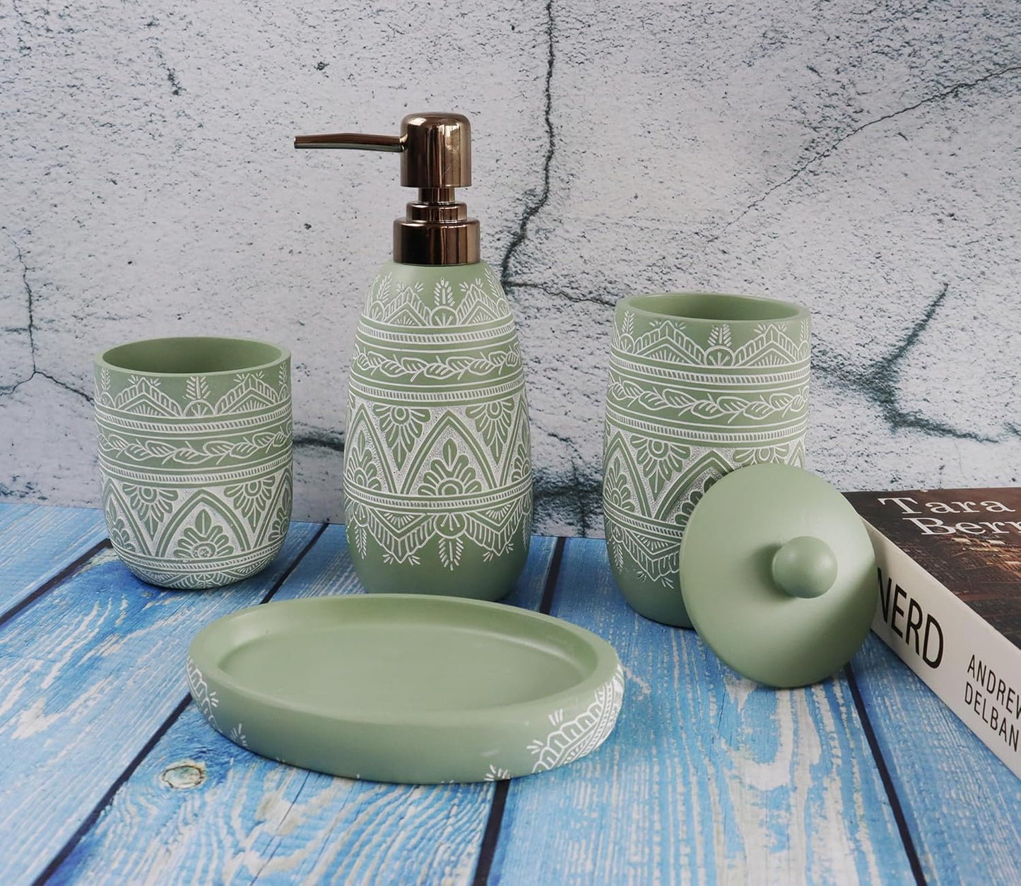 Hymmah Green Bathroom Accessories Set,Farmhouse Bathroom Decor,4 Pcs Resin Gift Set Apartment Necessities, Contain Cotton Swab Jar,Soap Dispenser,Tumbler，Soap Dish/Tray