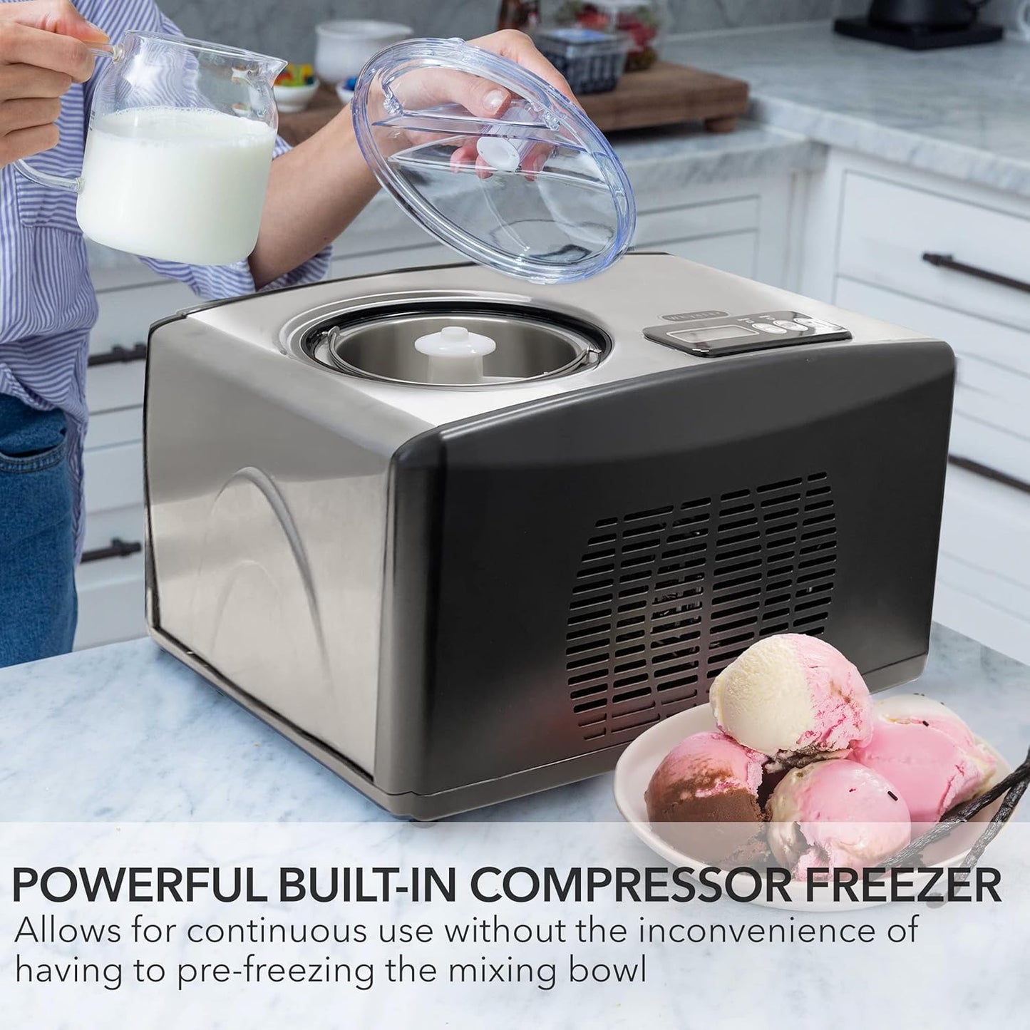 Whynter Ice Cream Maker Machine 1.6 Qt. Automatic with Built-In Compressor, LCD Digital Display & Timer, No Pre-Freezing, ICM-15LS, Stainless Steel