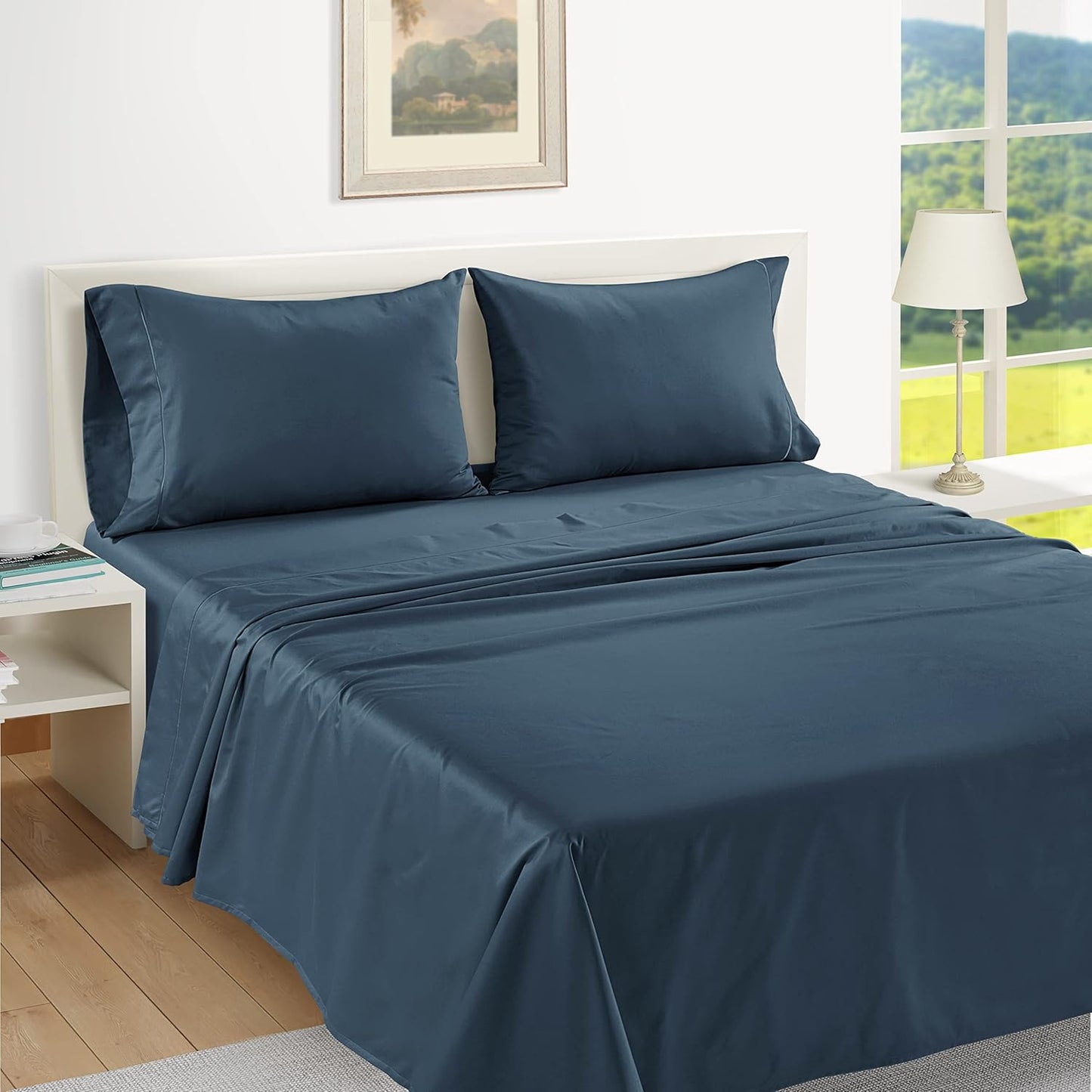 LANE LINEN Pillows Standard Size Set of 2 Soft 100% Egyptian Cotton Sateen 1000 Thread Count Cool & Smooth Pillowcases Queen - Denim