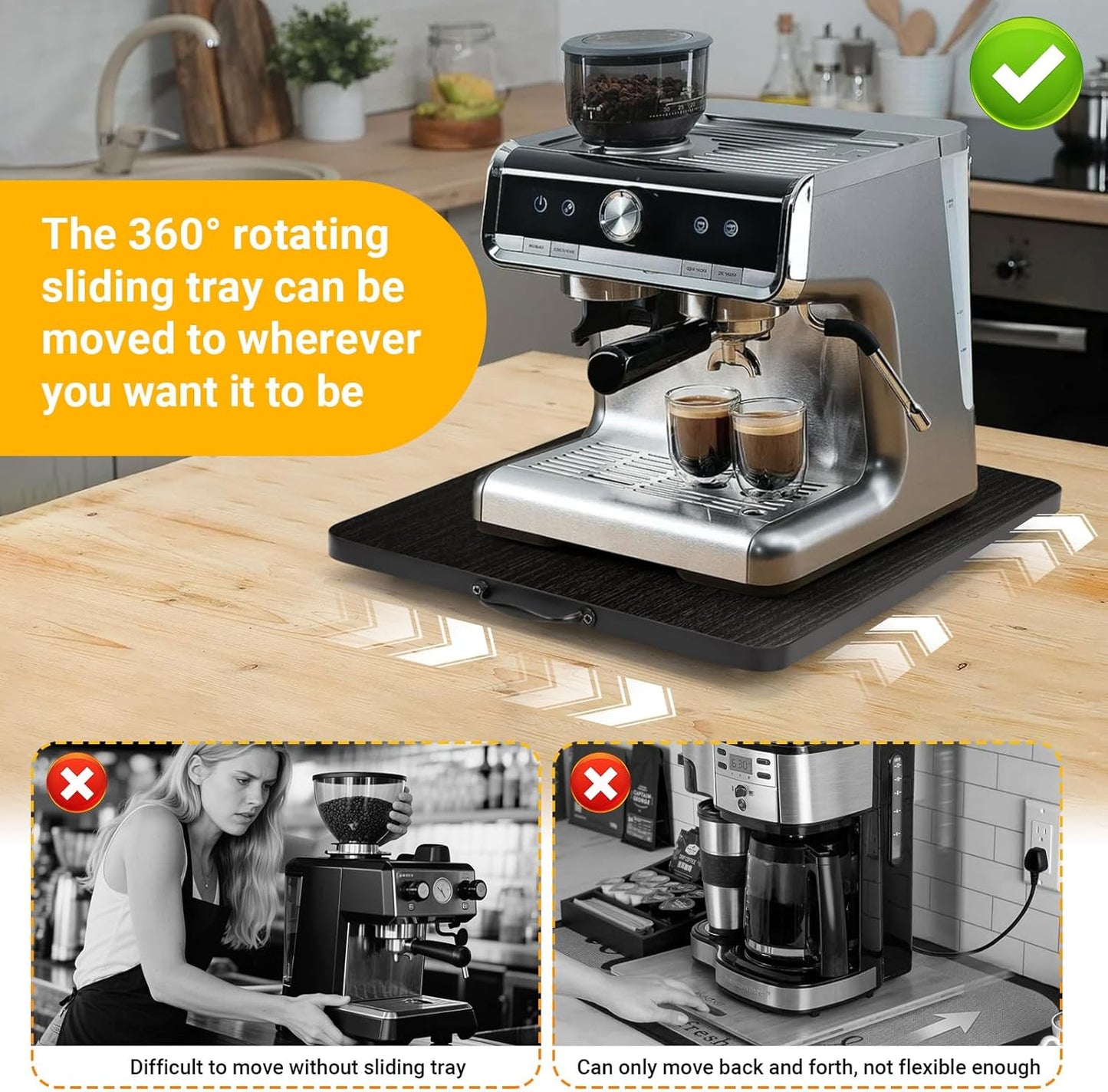 Sliding Tray for Coffee Maker, 360° Rotating Appliance Slider for Kitchen Appliances, Wooden Sliding Tray Suitable for Kitchen Countertops and Kitchen Appliances (Black, Small)